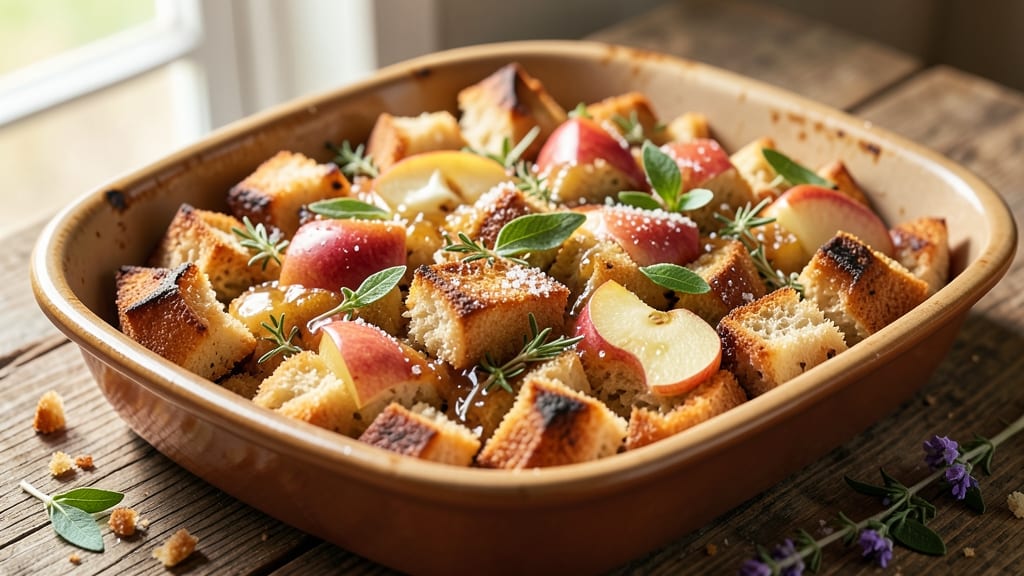 Apple Bread Stuffing Recipe: Spiced Apple Chunks and Crispy Herb Crust