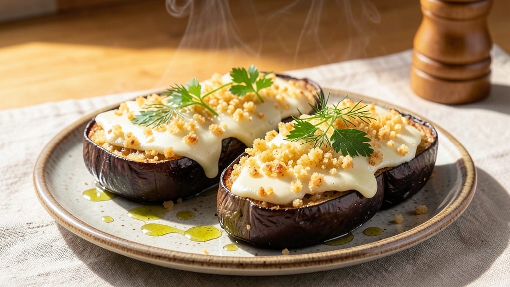 Aubergine, Kitchen Cheese, and Bread Recipe: Smoky Roasted Eggplant Meets Melty Halloumi Crust